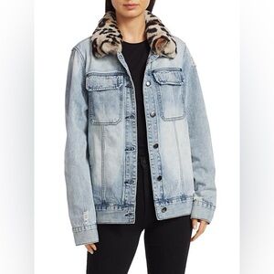 Ava/Kris: Jane fox fur collar Light Blue denim Jean Jacket XS oversized